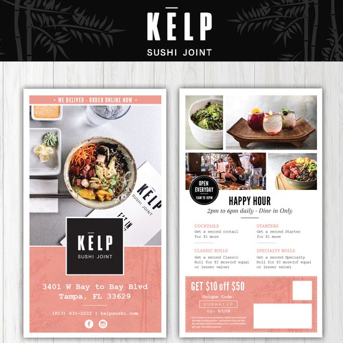 Sushi bar design with the title 'Restaurant postcard design '