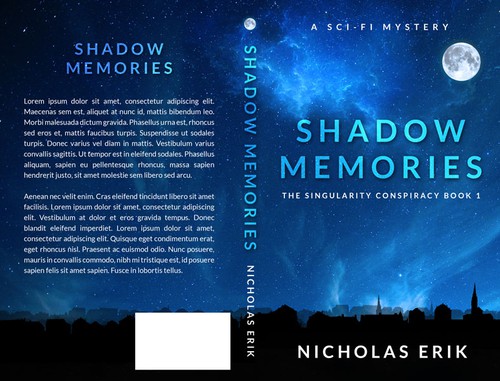 Skyline design with the title 'Shadow Memories by Nicholas Erik  (A sci-fi mystery novel)'