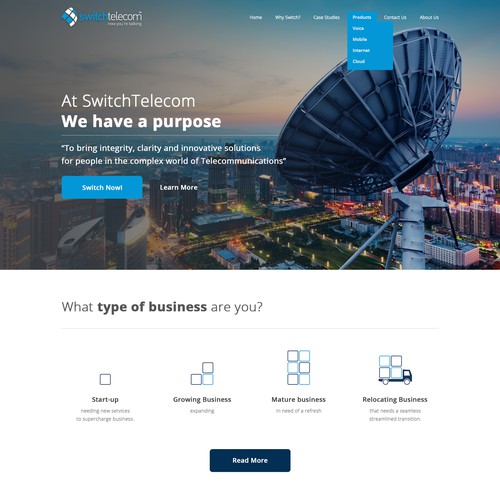 Blue website with the title 'Impressive Landing page for telecom business'