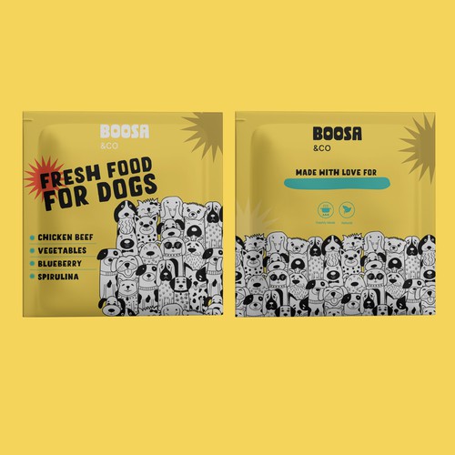 Dog food packaging with the title 'fresh food for dogs bag design'
