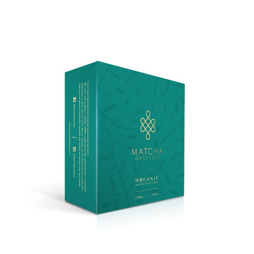 Feminine packaging with the title 'MATCHA OBSESSED - MASK PACKET BOX'