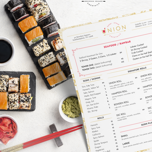 Sushi design with the title 'Union Steak & Sushi Dinner Menu'