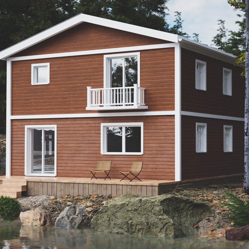 Cabin design with the title '3d render of a cabin near a river'