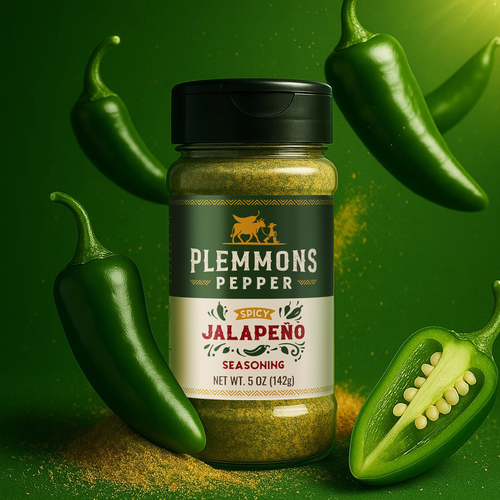 Spicy design with the title 'Plemmons Pepper - Spicy Jalapeno Seasoning, USA. Logo and Label Design'