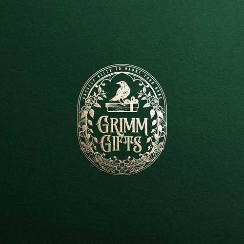Gold brand with the title '"Grimm Gifts" logo for vintage Dark Academia Decor and Gift Boutique'