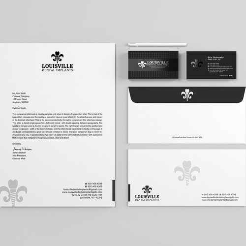 Envelope design with the title 'Business Cards and Stationary for Dental Implant Practice'