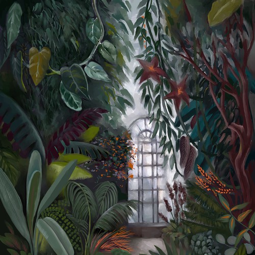 Jungle artwork with the title 'Board game cover. for plant lovers. modern. exploding with plant life.'