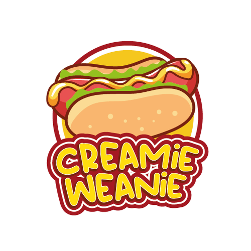 Hot dog logo with the title 'A fun logo for ke hotdog business named CREAMIE WEANIE.'