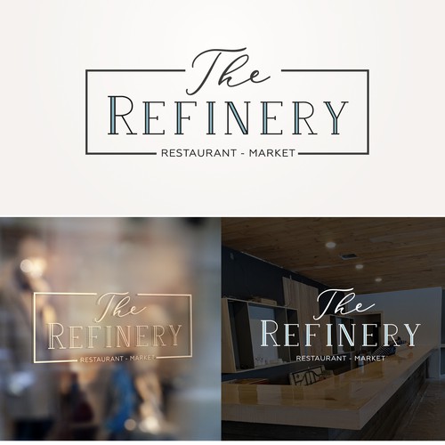 Blue and gray logo with the title 'The refinery restaurant and market'
