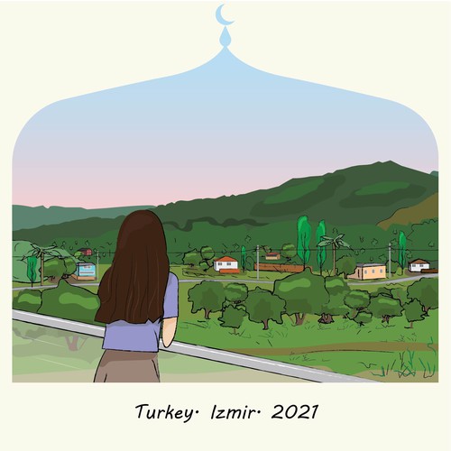 Mountain artwork with the title '"Wish you were here" postcard design'