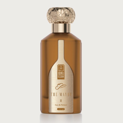 Gold foil label with the title 'THE MAYOR - Perfume'