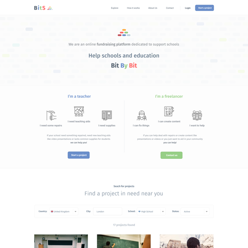 School website with the title 'BitS online crowdfund platform for schools IT projects'