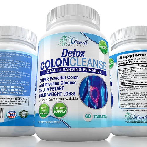 Fitness label with the title 'Island Miracle 3D bottles'