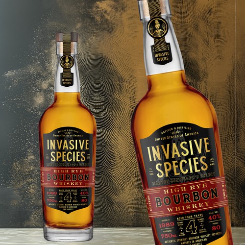 Black design with the title 'Invasive Species bourbon label design'
