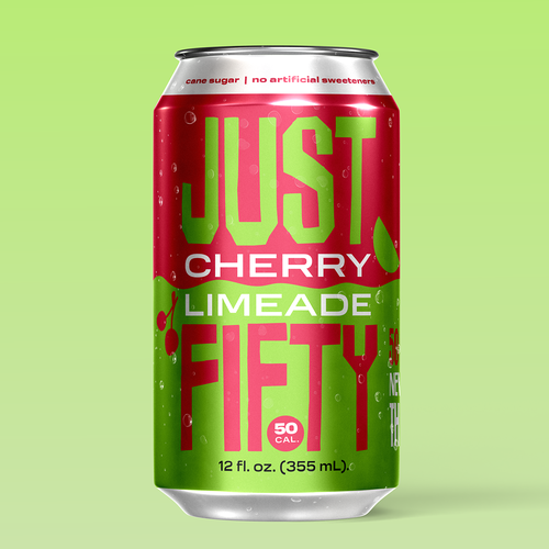 Design with the title 'Cherry Limeade Can Design – Just Fifty Beverage Packaging'