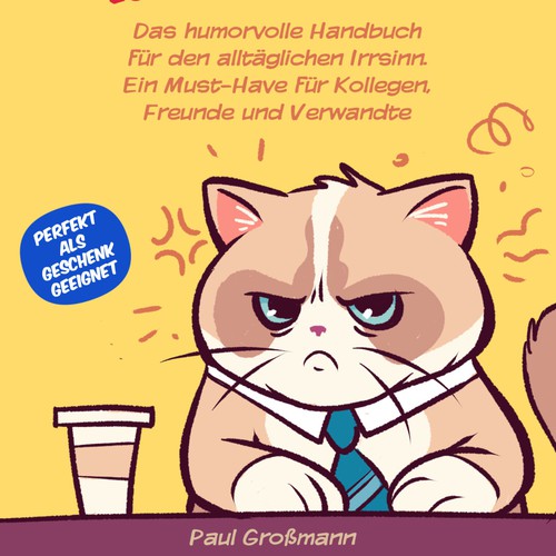 Cartoon book cover with the title 'Book cover design with annoyed cat'