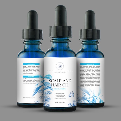Photoshop label with the title 'Scalp and Hair Oil Label Design'
