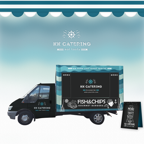 Food truck design with the title 'Food Track- KK Catering'