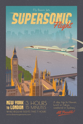 Building illustration with the title 'Vintage Poster Promoting Supersonic Flight'