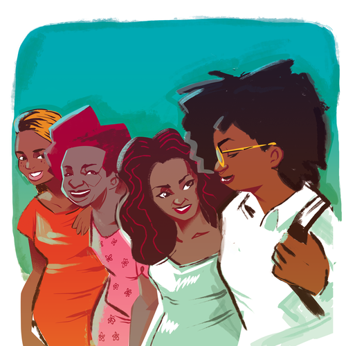 Women artwork with the title 'Female friends having a good time'