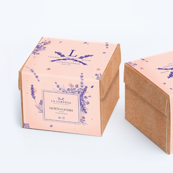 Lavender design with the title 'Box, sachets & booklet for La Lorenza'