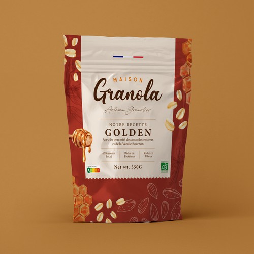 Cereal packaging with the title 'Modern Packaging for Organic Granola'