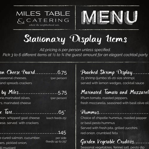 Chalkboard design with the title 'Menu for Miles Table & Catering'
