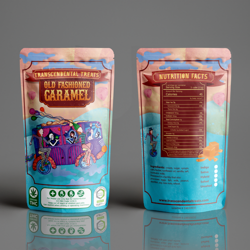 Candy packaging with the title 'Packaging design for THC caramel candy'