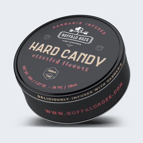 Candy packaging with the title 'Tin Label For CBD Hard Candy'