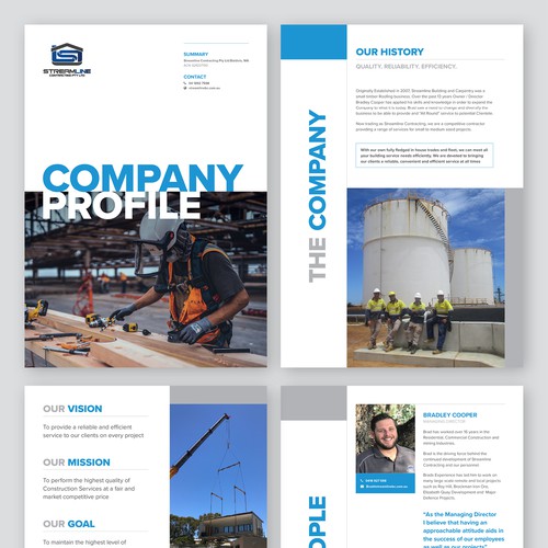 Company profile design with the title 'Streamline Contracting company profile'