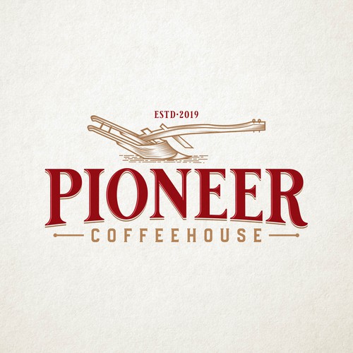 Modern vintage logo with the title 'Pioneer COFFEEHOUSE'