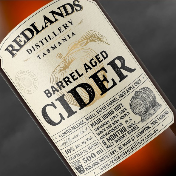 Cider label with the title 'Whisky barrel aged cider bottle label'
