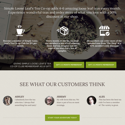 Homepage design with the title 'Landing Page/Subscription Signup Page for a Tea of the Month Subscription Box'