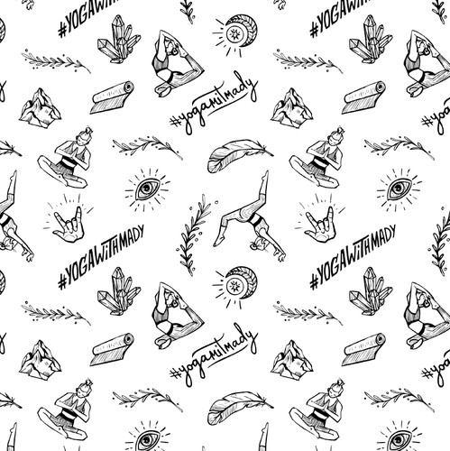 Mountain artwork with the title 'Pattern Design with (Yoga) Illustrations for Wrapping Paper.'