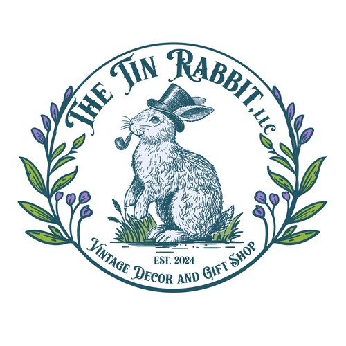 Etching design with the title 'The Tin Rabbit Antique store'