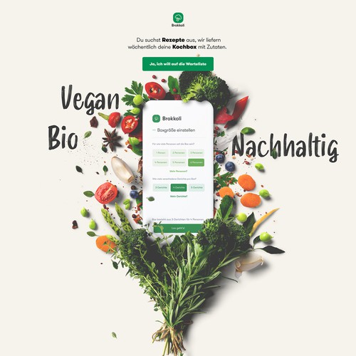 Adobe XD design with the title 'Landingpage (mobile & web) for a vegan cooking box.'