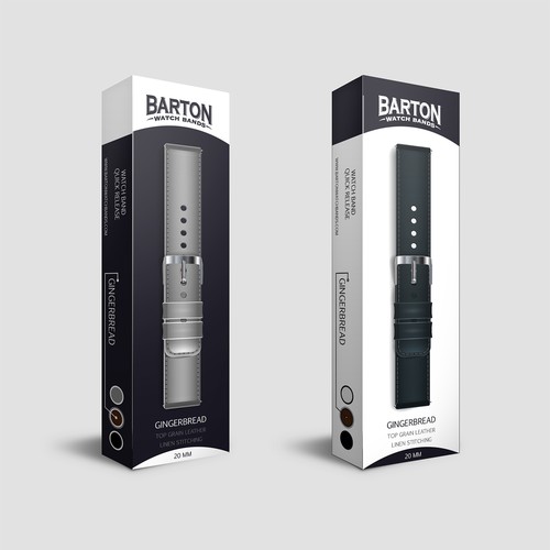 Masculine packaging with the title 'Packaging Design for Top Grain Leather Watch Bands'