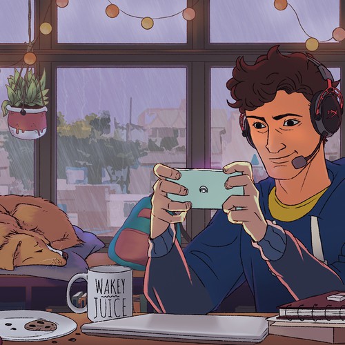 Animated illustration with the title 'Looping Animation Day and Night with Rain'