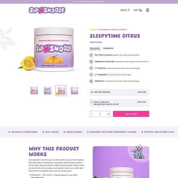 Supplement website with the title 'Sip N’ Snooze – Shopify Design & Development'