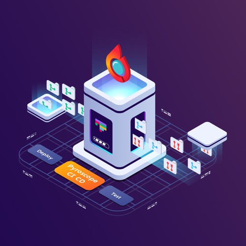 Futuristic artwork with the title 'Isometric vector illustration for application developer on program code verification'