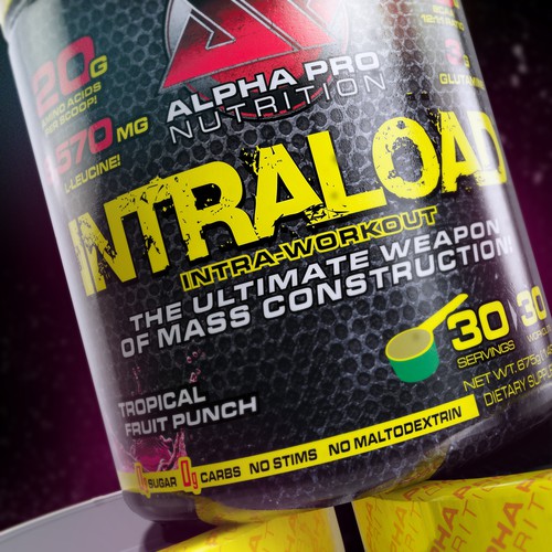 Vitamin packaging with the title '3d Rendering of a fitness supplement.'