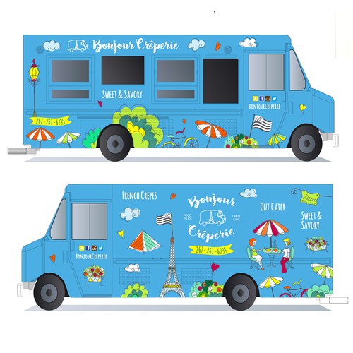 Paris design with the title 'Food truck wrap for Bonjour Creperies'