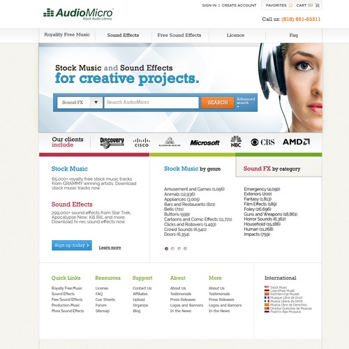 Music website with the title 'Website Makeover for AudioMicro, Inc - Guaranteed Payment & Multiple Winners!'