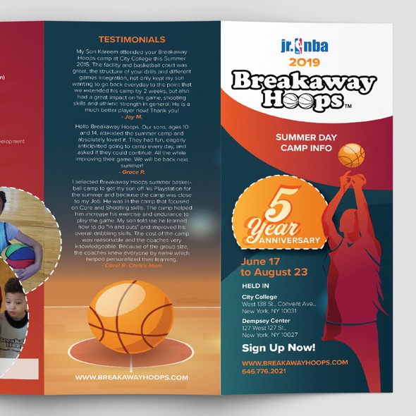 Basketball design with the title 'Breakaway Hoops Trifold brochure. '