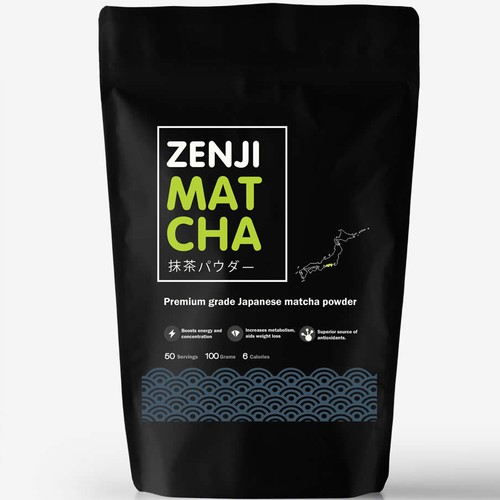 Packet design with the title 'Zenji Premium Matcha powder '