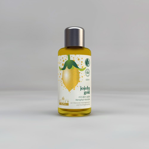 Gold packaging with the title 'Jojoba Cosmetic Oil concept'
