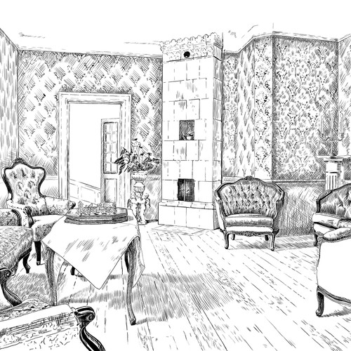 Engraving artwork with the title 'Line art for hotel interior'