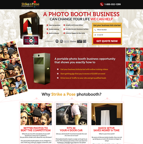 Photo booth design with the title 'Landing Page redesign for Strike a Pose Photo Booths!'