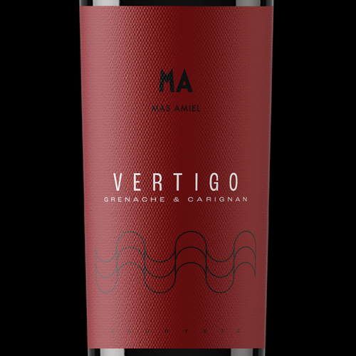 Wine bottle label with the title 'Mas Amiel — Monochromatic "Vertigo" Premium Label'