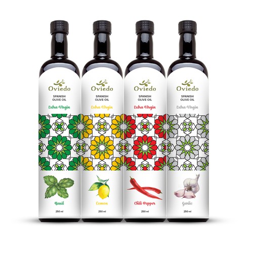 Bottle design with the title 'label for flavored Olive Oil'